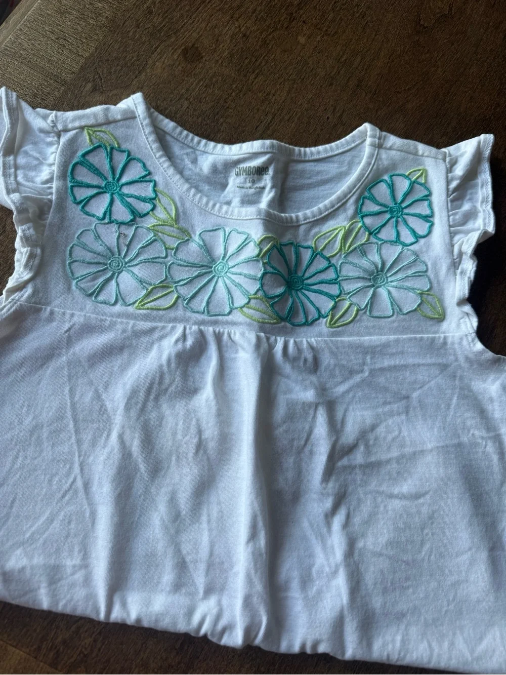 Gymboree White Tank Top with Teal & Light Green Floral Embroidery